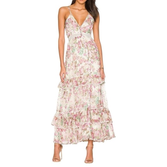 Rococo Sand Dresses & Skirts - Rococo Sand Vie Pink Cream Tiered Chiffon Ruffled Maxi Dress Large L